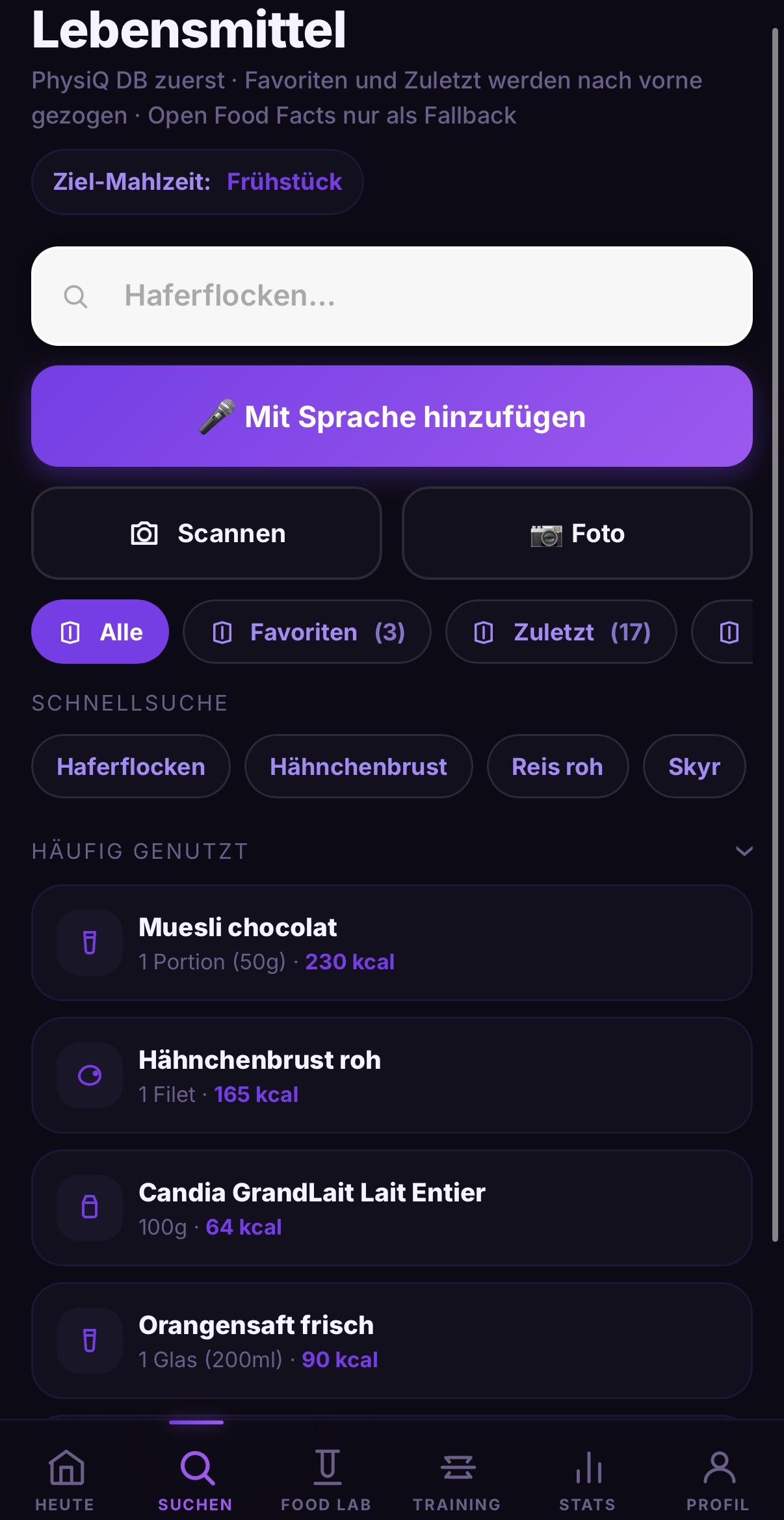 Lebensmittel suchen und tracken